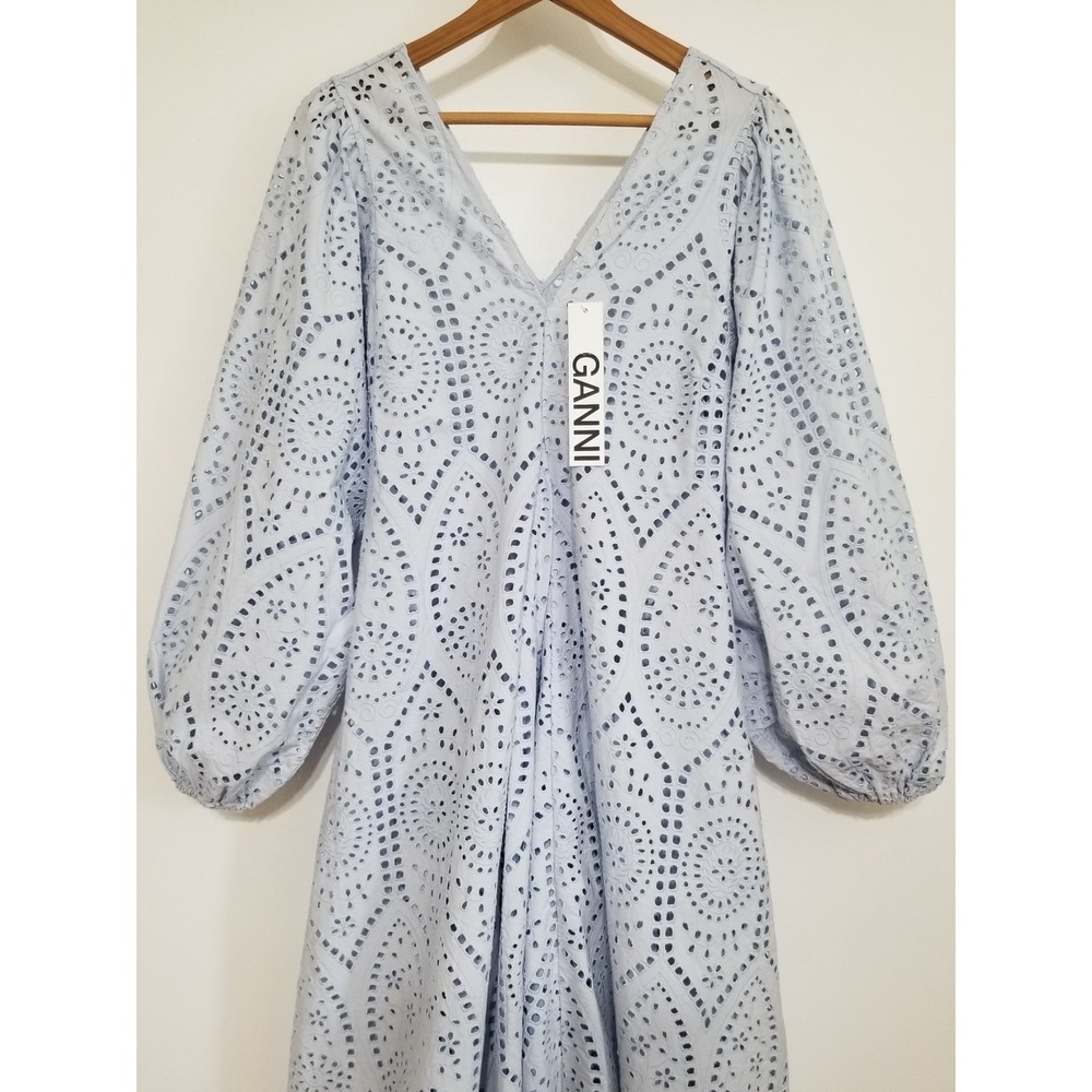 NWT GANNI Broderie Anglaise Eyelet Lace Midi Dress Light Blue EU 32/ US 0 $475 - Picture 8 of 16